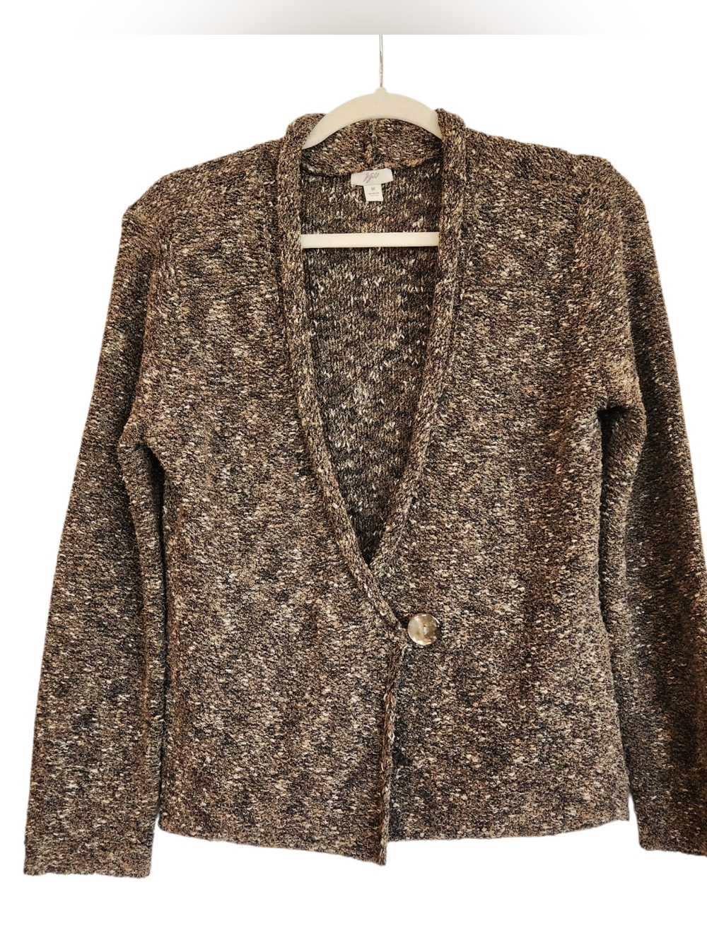 J Jill Marled Roll Hem Neck/Front One Button Cardigan Size M V-Neck Brown/Cream